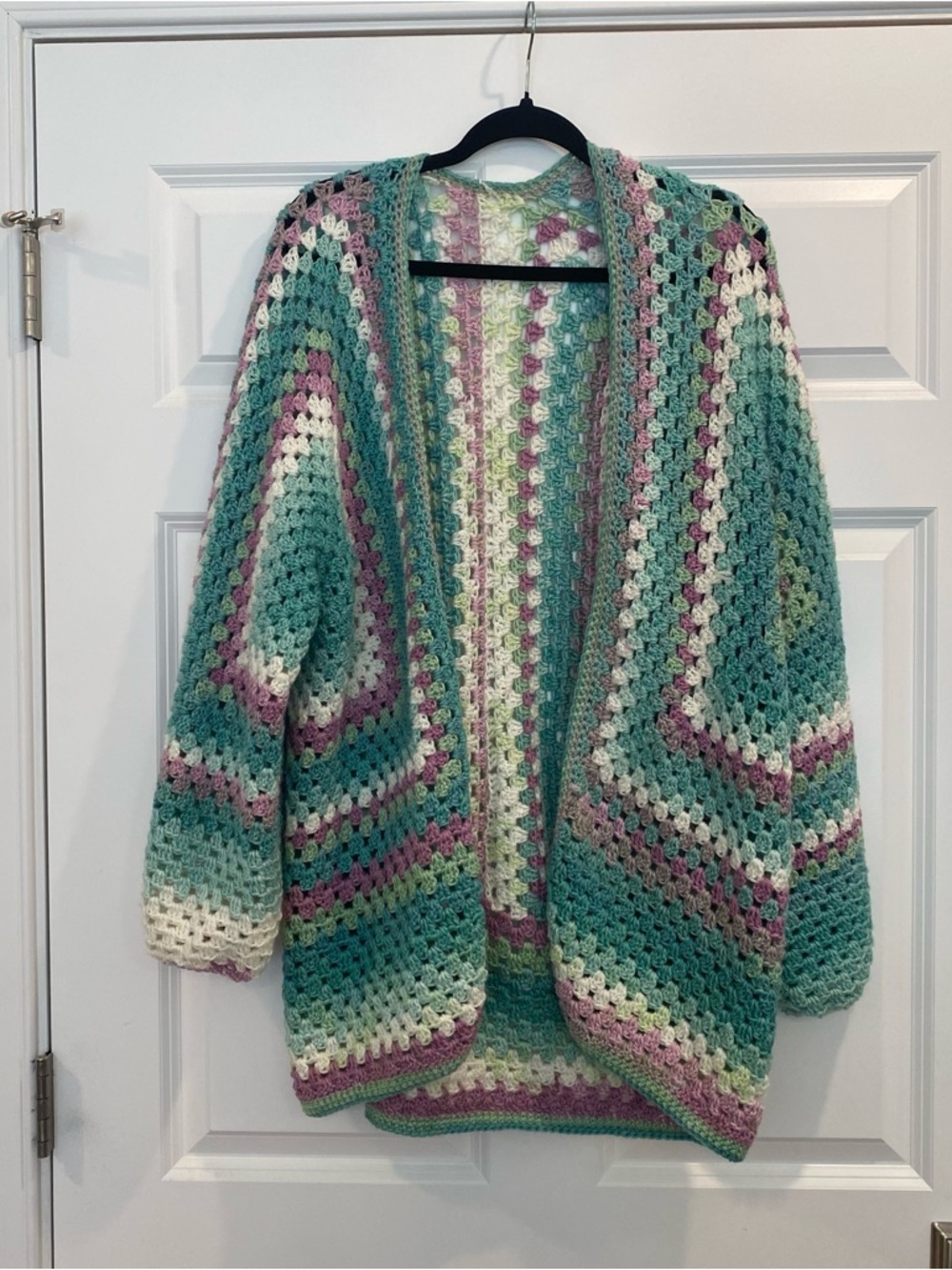 Pastel Handmade Crochet Open-Front Women's Cardigan Sweater - Teal, Pink & Cream